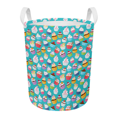Cartoon Cupcake Pattern Print Round Laundry Basket