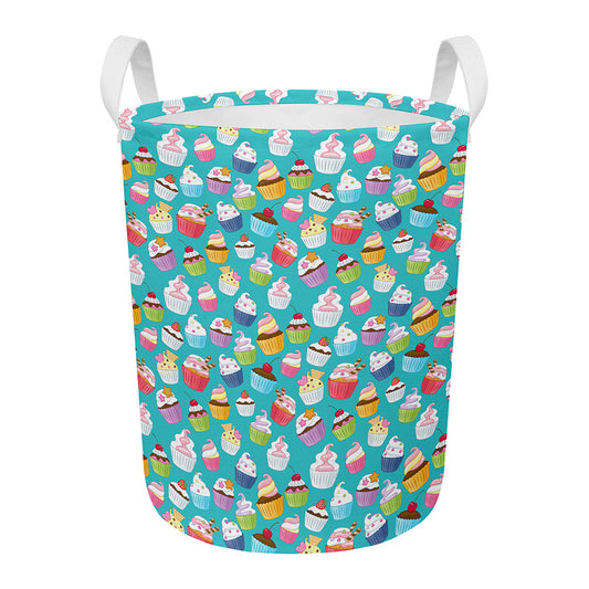 Cartoon Cupcake Pattern Print Round Laundry Basket
