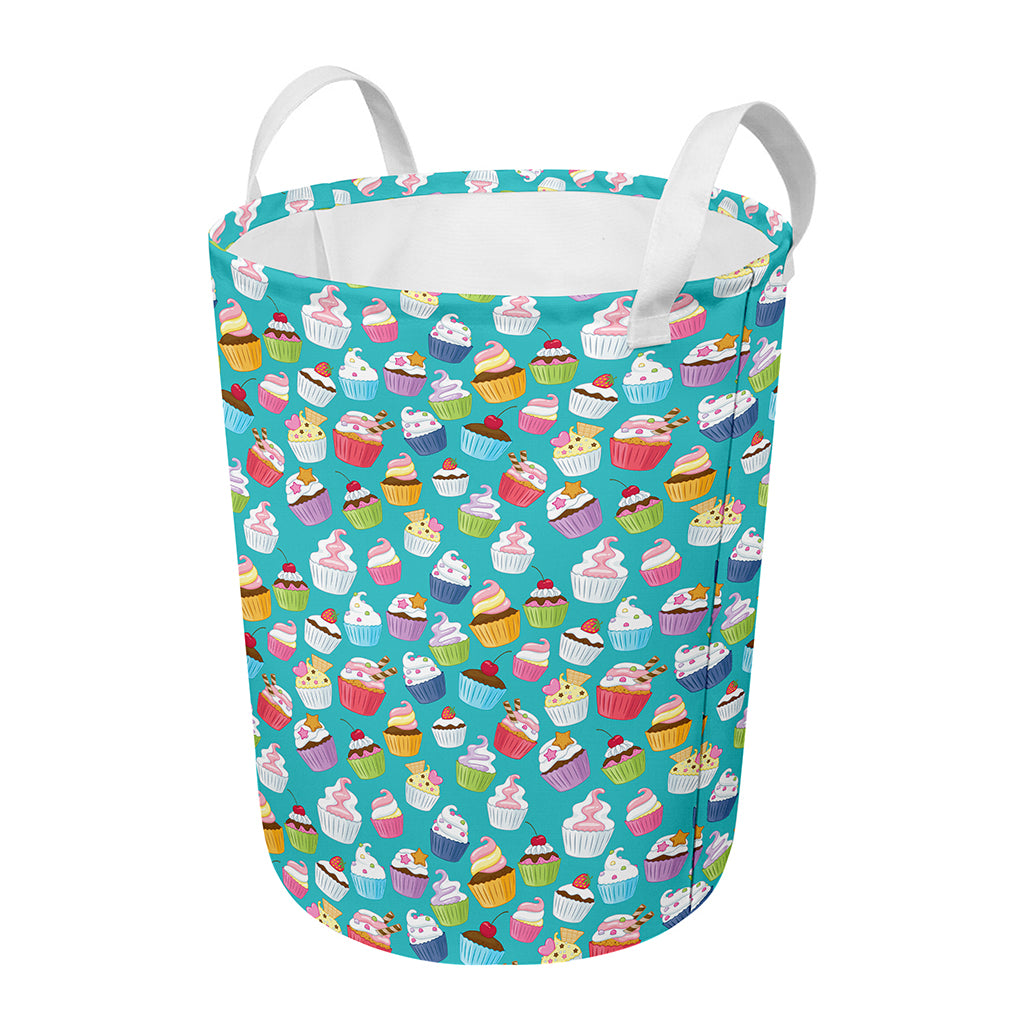 Cartoon Cupcake Pattern Print Round Laundry Basket