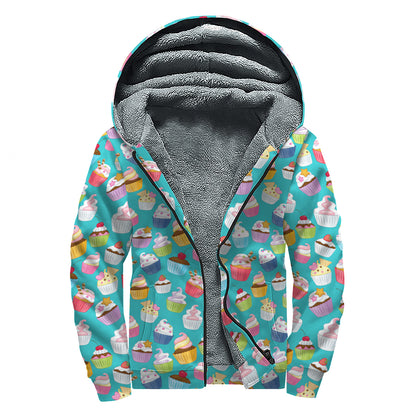 Cartoon Cupcake Pattern Print Sherpa Lined Zip Up Hoodie