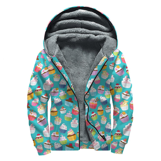 Cartoon Cupcake Pattern Print Sherpa Lined Zip Up Hoodie