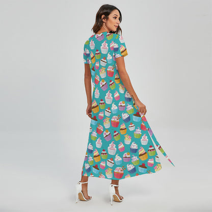 Cartoon Cupcake Pattern Print Short Sleeve Maxi Dress