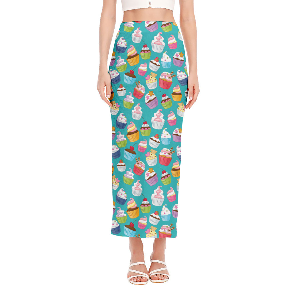 Cartoon Cupcake Pattern Print Side Slit Maxi Skirt