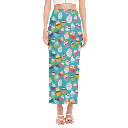 Cartoon Cupcake Pattern Print Side Slit Maxi Skirt