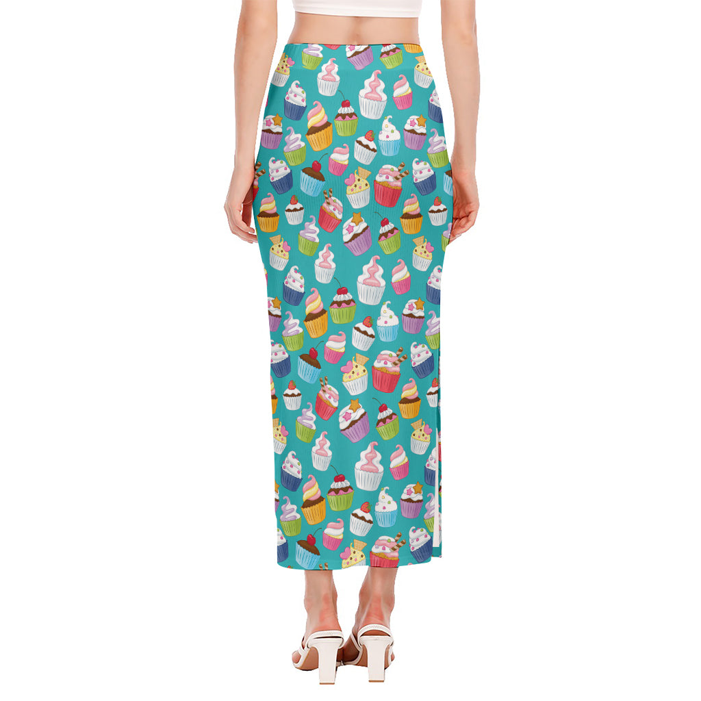 Cartoon Cupcake Pattern Print Side Slit Maxi Skirt