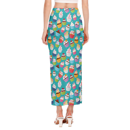 Cartoon Cupcake Pattern Print Side Slit Maxi Skirt