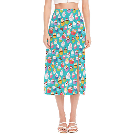 Cartoon Cupcake Pattern Print Side Slit Midi Skirt