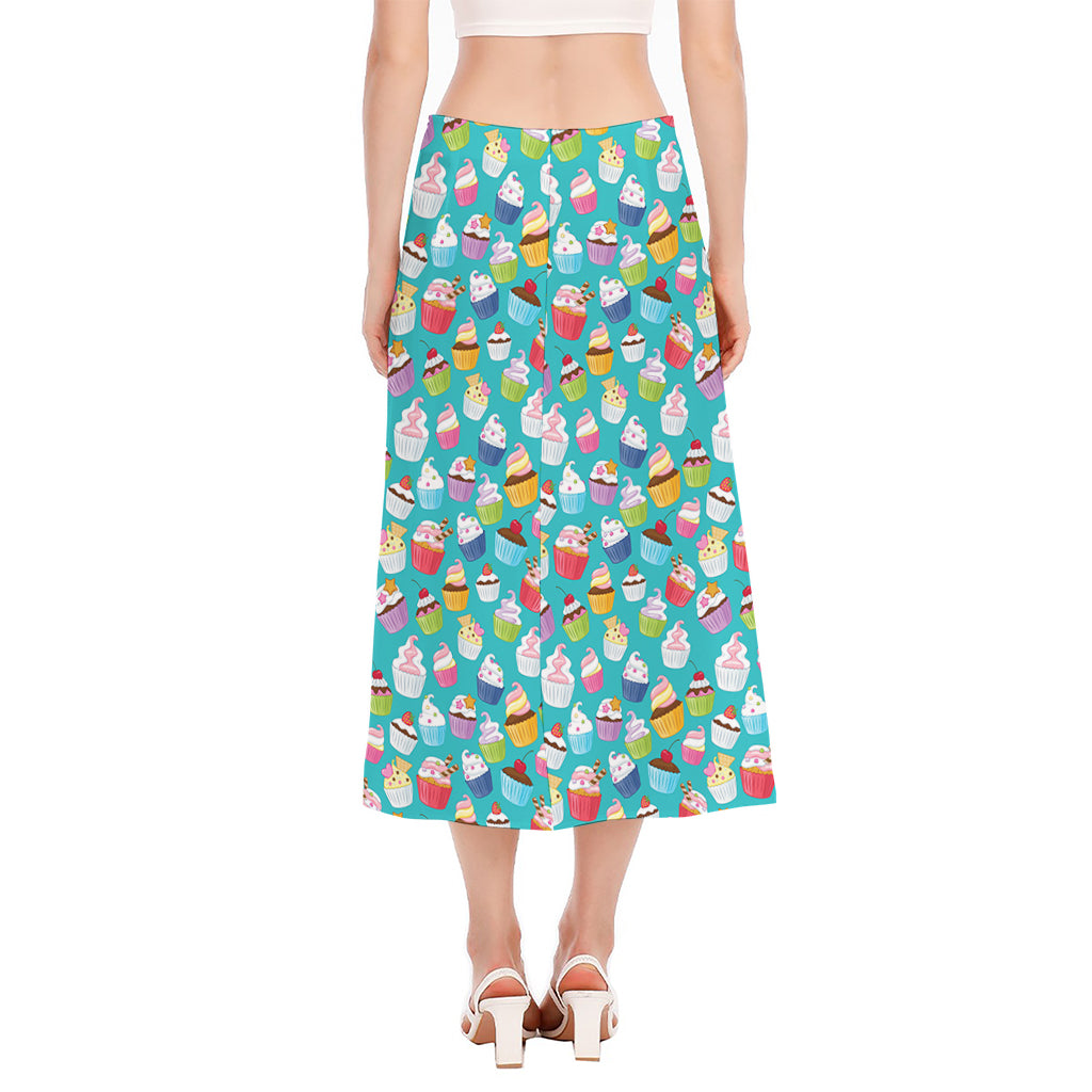 Cartoon Cupcake Pattern Print Side Slit Midi Skirt