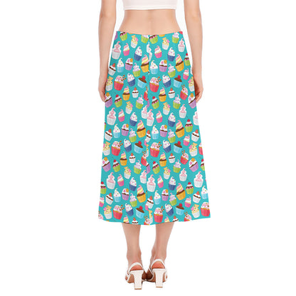 Cartoon Cupcake Pattern Print Side Slit Midi Skirt