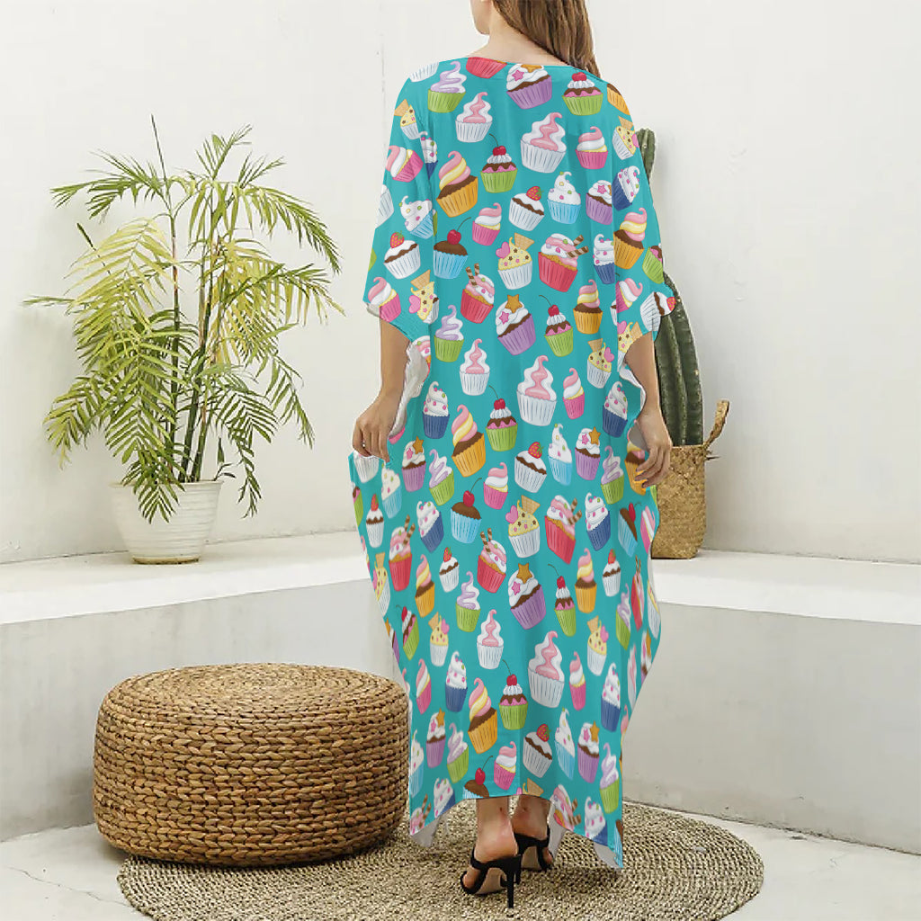 Cartoon Cupcake Pattern Print Silk V-Neck Kaftan Dress
