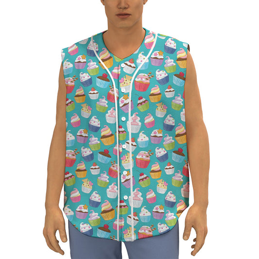 Cartoon Cupcake Pattern Print Sleeveless Baseball Jersey