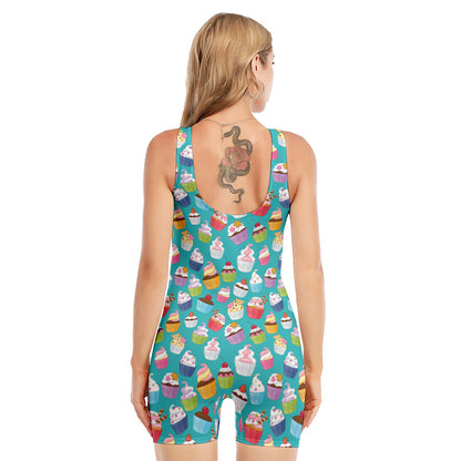 Cartoon Cupcake Pattern Print Sleeveless One Piece Swimsuit
