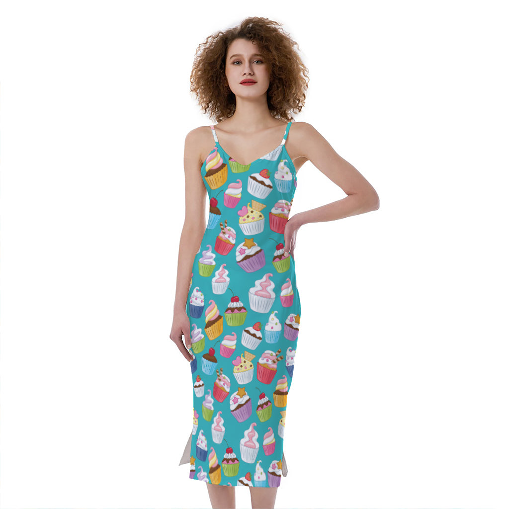 Cartoon Cupcake Pattern Print Slim Fit Midi Cami Dress