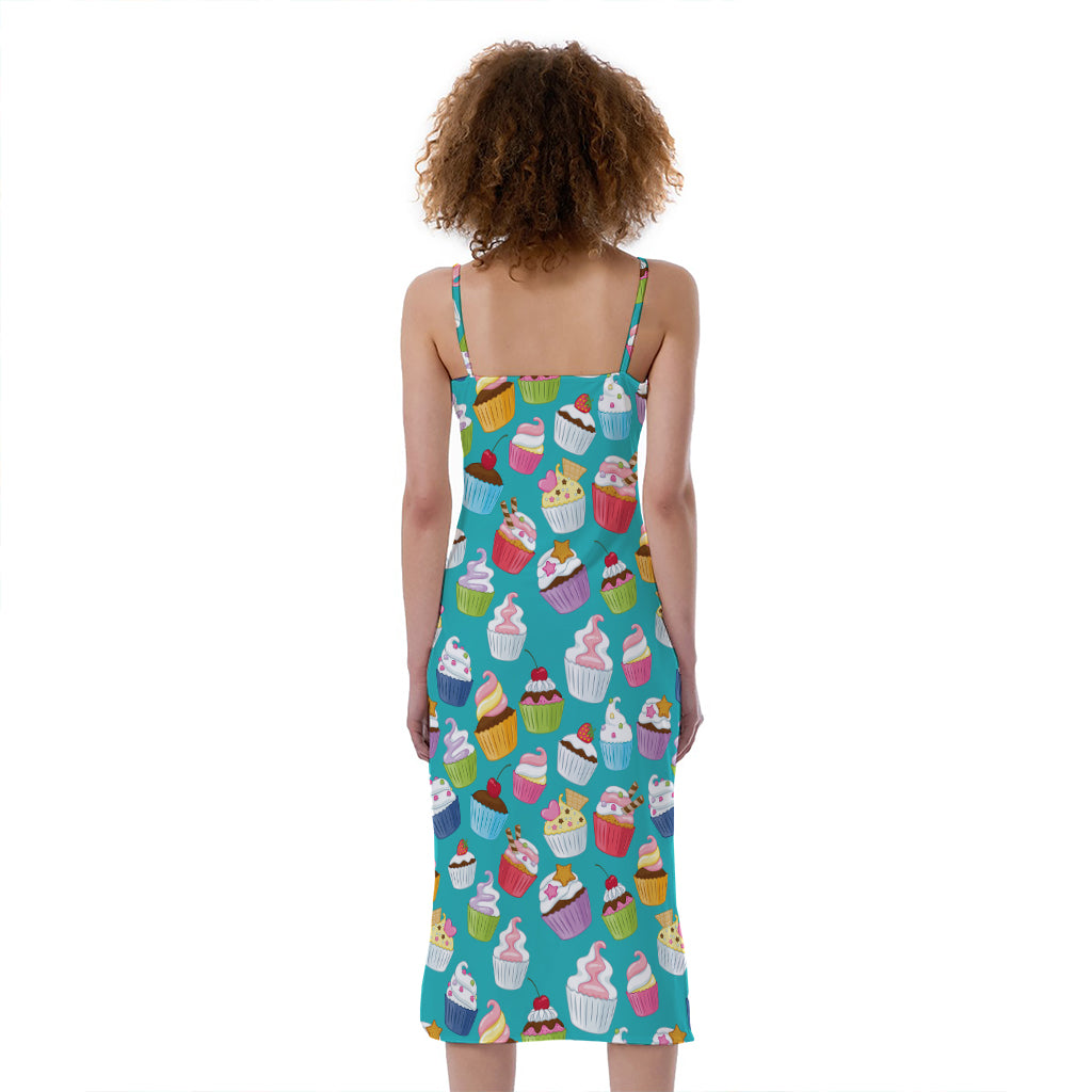 Cartoon Cupcake Pattern Print Slim Fit Midi Cami Dress