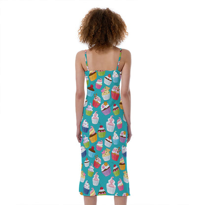 Cartoon Cupcake Pattern Print Slim Fit Midi Cami Dress