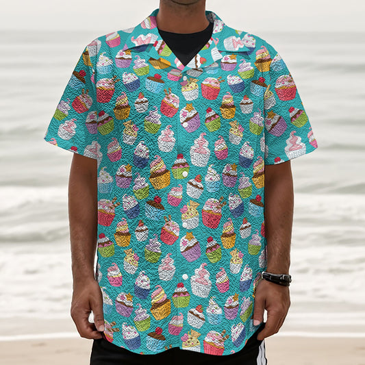 Cartoon Cupcake Pattern Print Textured Short Sleeve Shirt