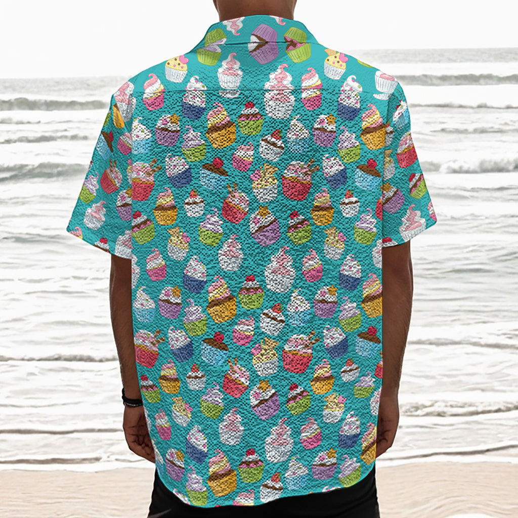 Cartoon Cupcake Pattern Print Textured Short Sleeve Shirt