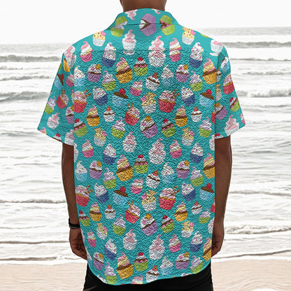 Cartoon Cupcake Pattern Print Textured Short Sleeve Shirt