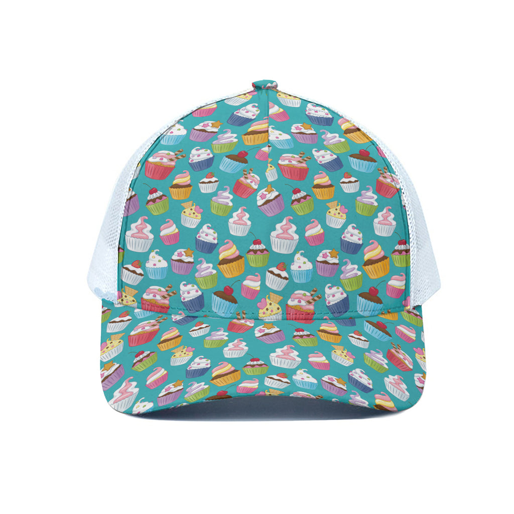 Cartoon Cupcake Pattern Print White Mesh Trucker Cap