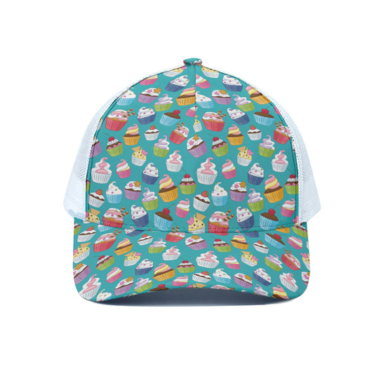 Cartoon Cupcake Pattern Print White Mesh Trucker Cap