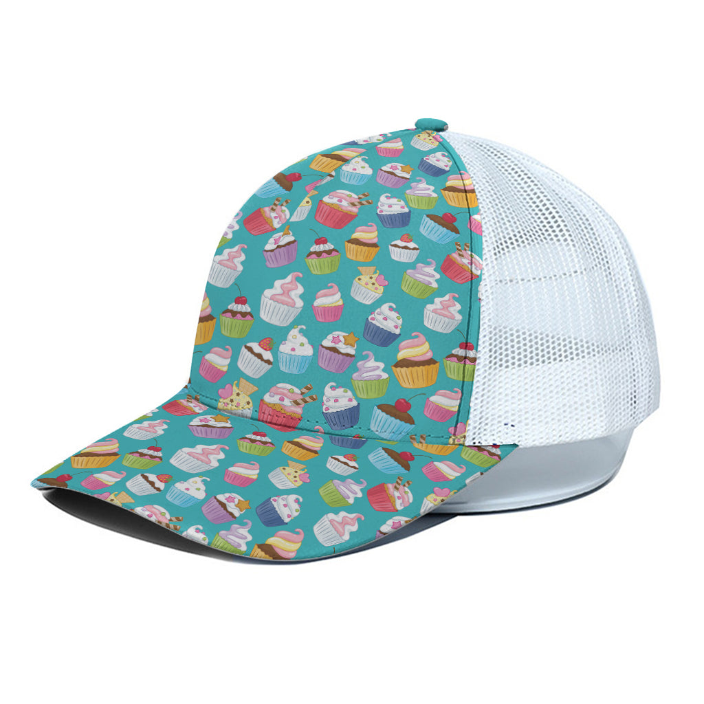 Cartoon Cupcake Pattern Print White Mesh Trucker Cap