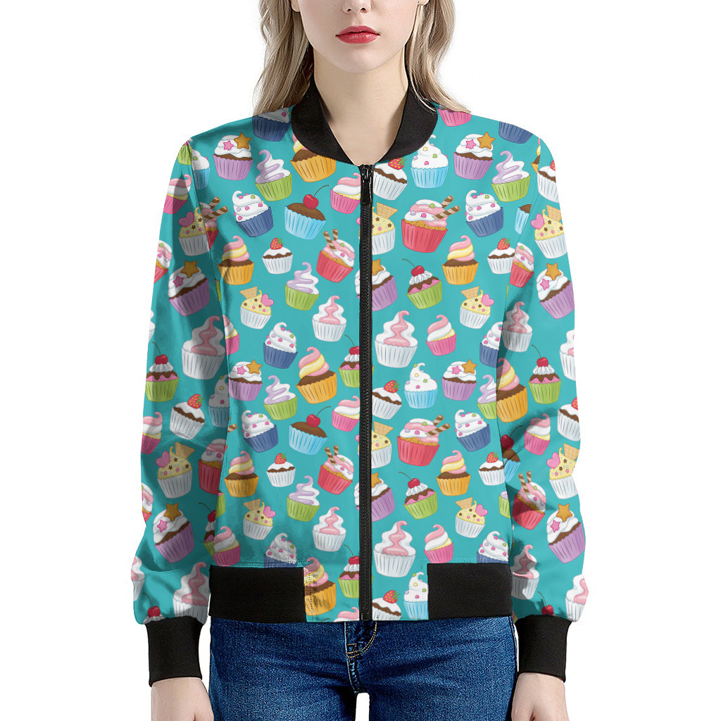 Cartoon Cupcake Pattern Print Women's Bomber Jacket