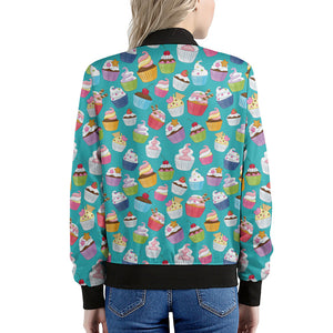 Cartoon Cupcake Pattern Print Women's Bomber Jacket