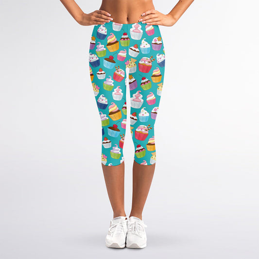Cartoon Cupcake Pattern Print Women's Capri Leggings