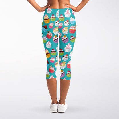 Cartoon Cupcake Pattern Print Women's Capri Leggings