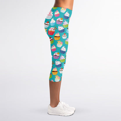 Cartoon Cupcake Pattern Print Women's Capri Leggings