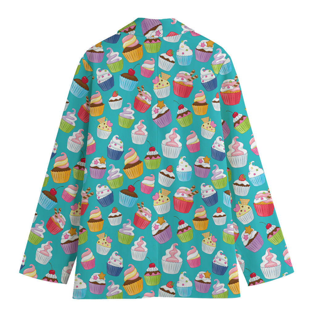 Cartoon Cupcake Pattern Print Women's Cotton Blazer