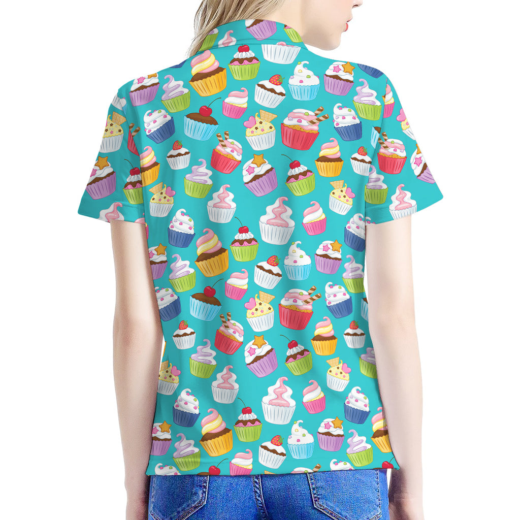 Cartoon Cupcake Pattern Print Women's Polo Shirt