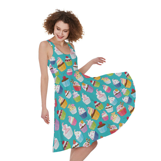 Cartoon Cupcake Pattern Print Women's Sleeveless Dress