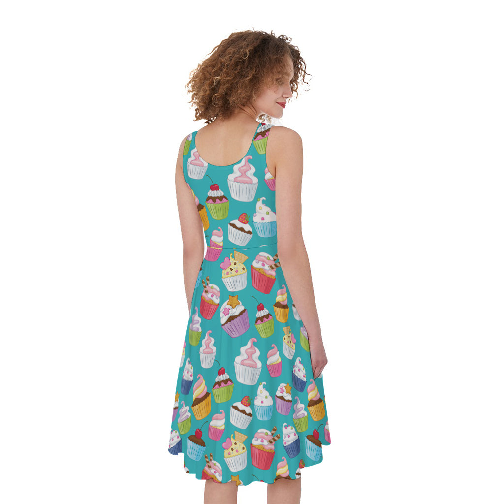 Cartoon Cupcake Pattern Print Women's Sleeveless Dress