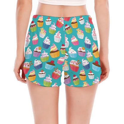 Cartoon Cupcake Pattern Print Women's Split Running Shorts