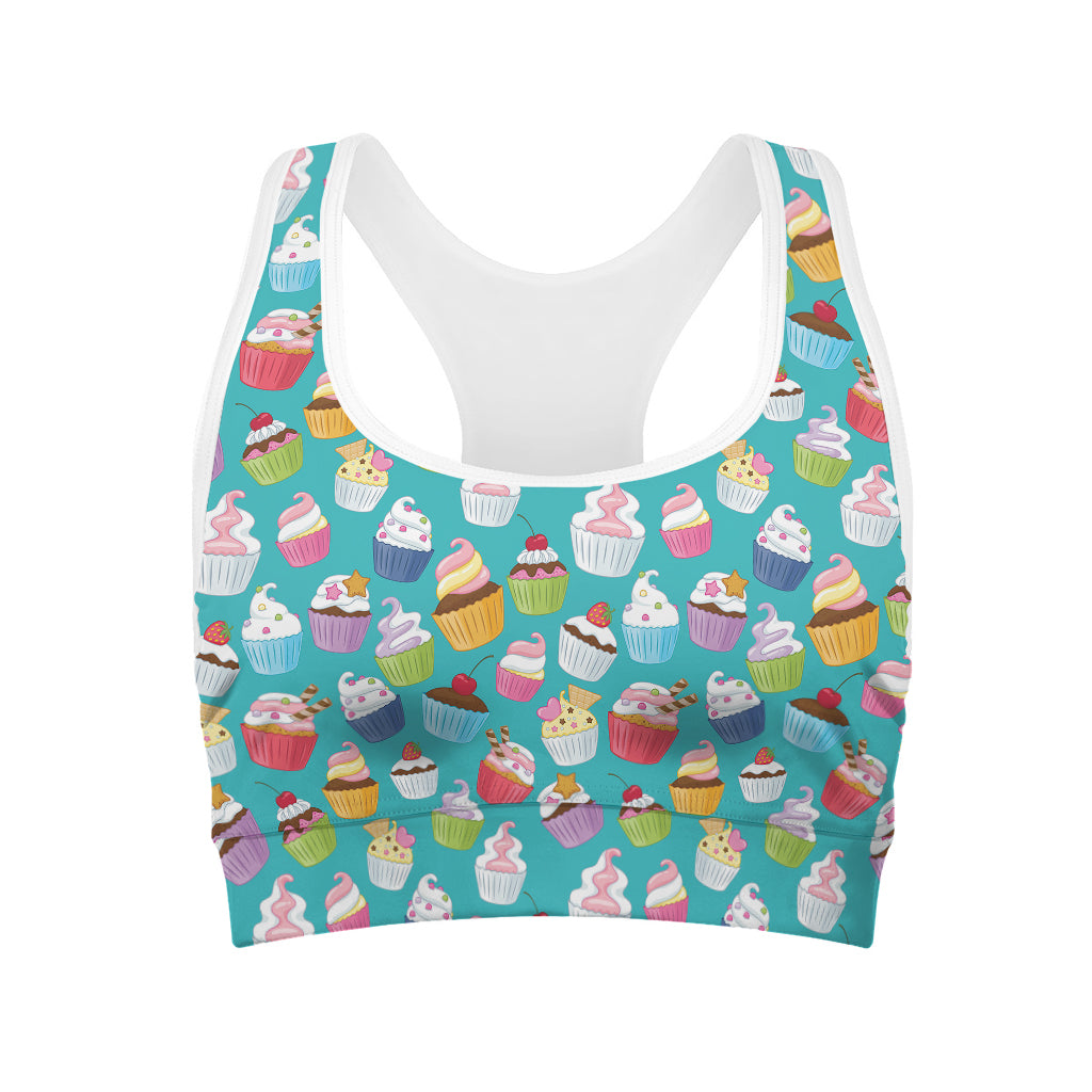 Cartoon Cupcake Pattern Print Women's Sports Bra