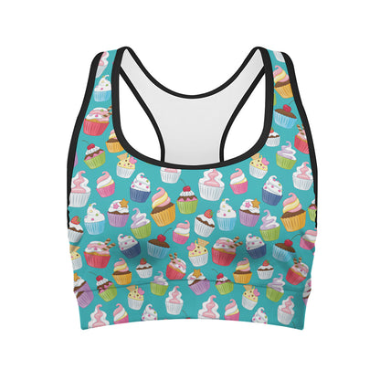 Cartoon Cupcake Pattern Print Women's Sports Bra