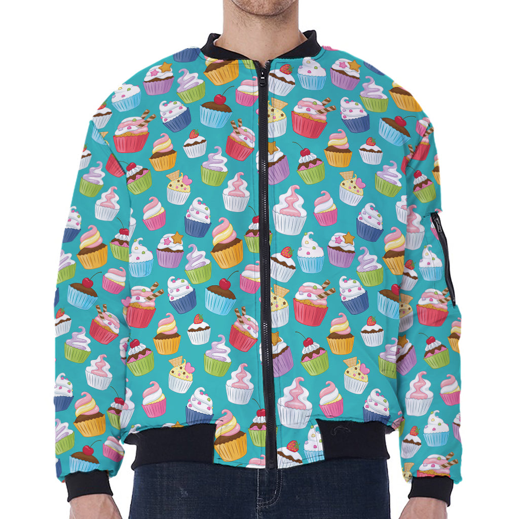 Cartoon Cupcake Pattern Print Zip Sleeve Bomber Jacket