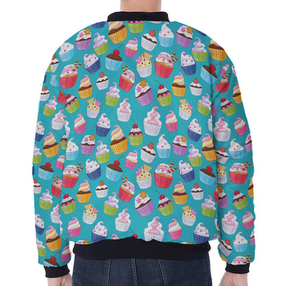 Cartoon Cupcake Pattern Print Zip Sleeve Bomber Jacket