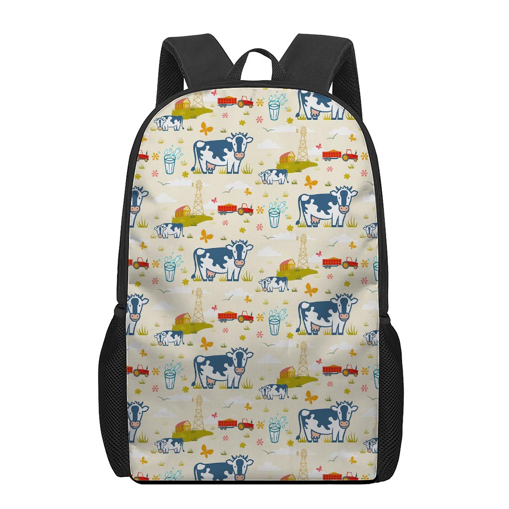 Cartoon Dairy Cow Farm Pattern Print 17 Inch Backpack
