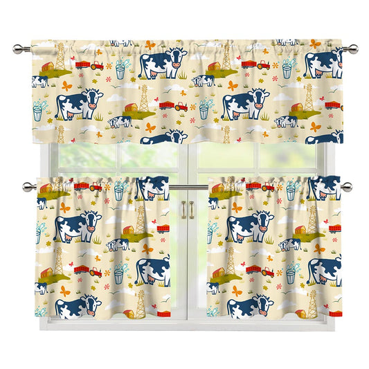 Cartoon Dairy Cow Farm Pattern Print 3 Piece Kitchen Curtains