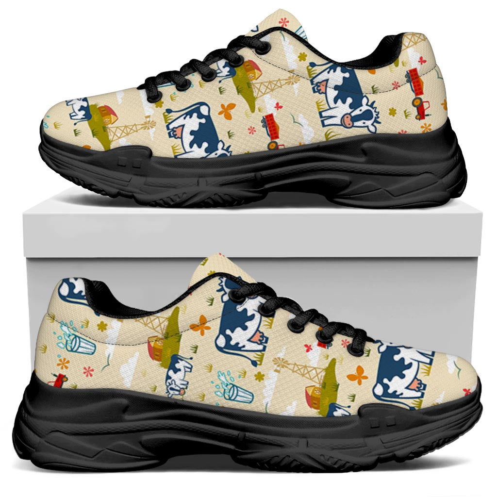 Cartoon Dairy Cow Farm Pattern Print Black Chunky Shoes