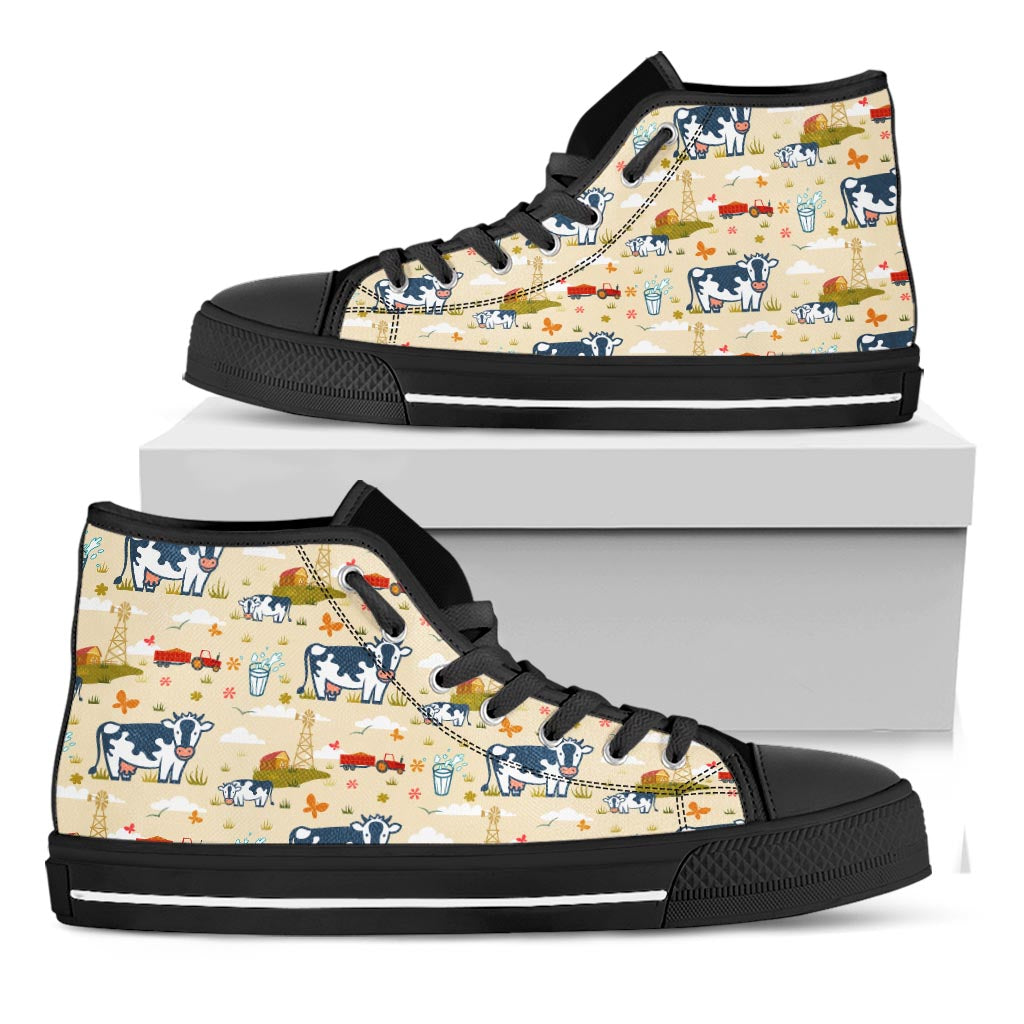 Cartoon Dairy Cow Farm Pattern Print Black High Top Sneakers