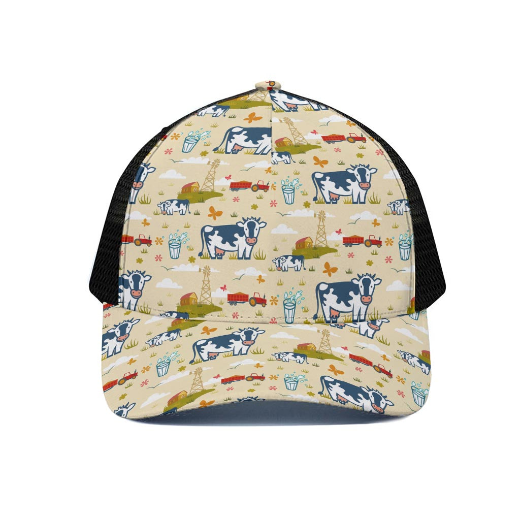 Cartoon Dairy Cow Farm Pattern Print Black Mesh Trucker Cap
