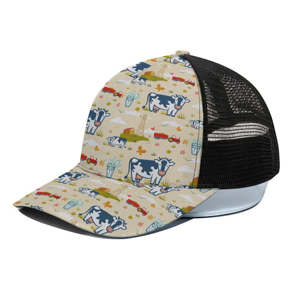 Cartoon Dairy Cow Farm Pattern Print Black Mesh Trucker Cap