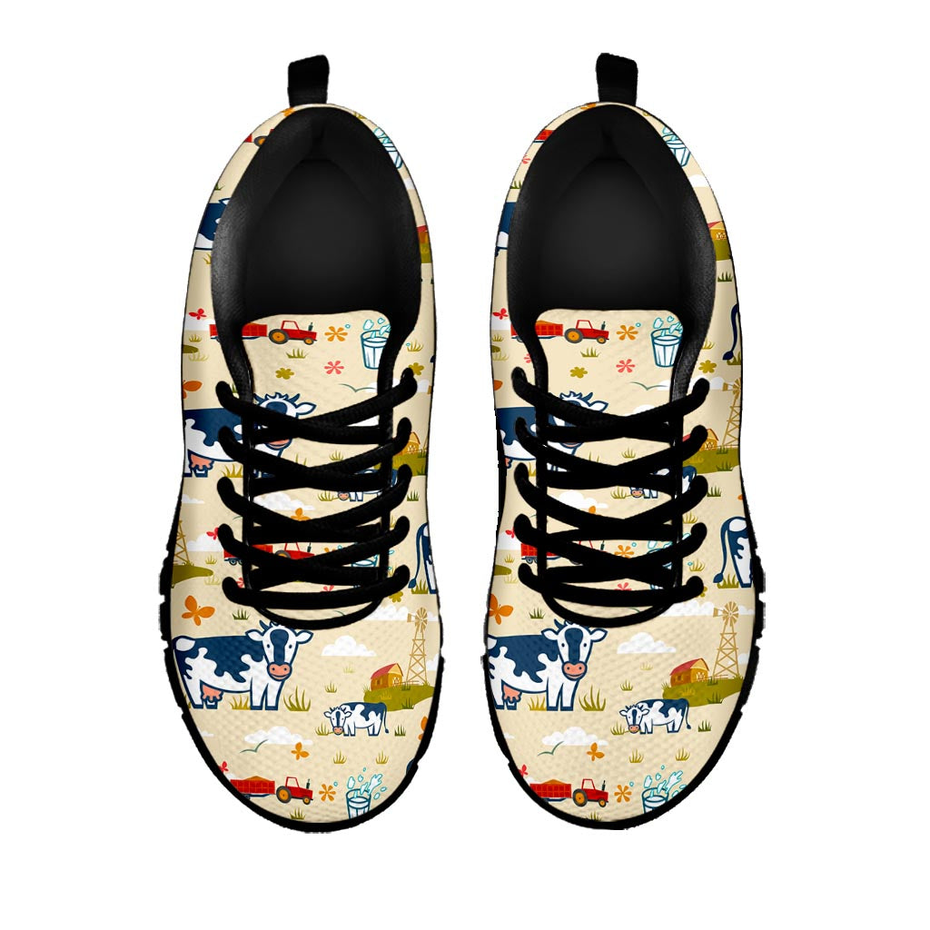 Cartoon Dairy Cow Farm Pattern Print Black Running Shoes