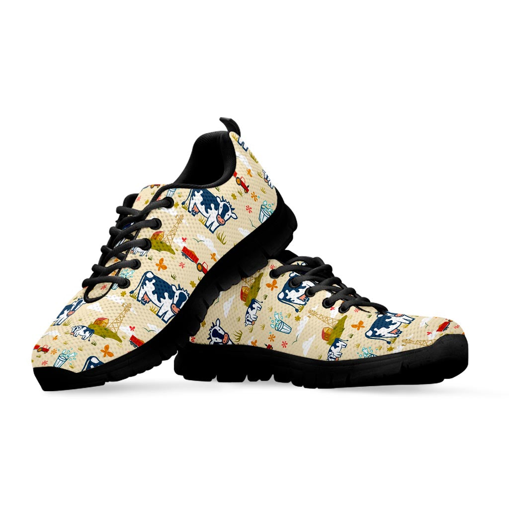 Cartoon Dairy Cow Farm Pattern Print Black Running Shoes