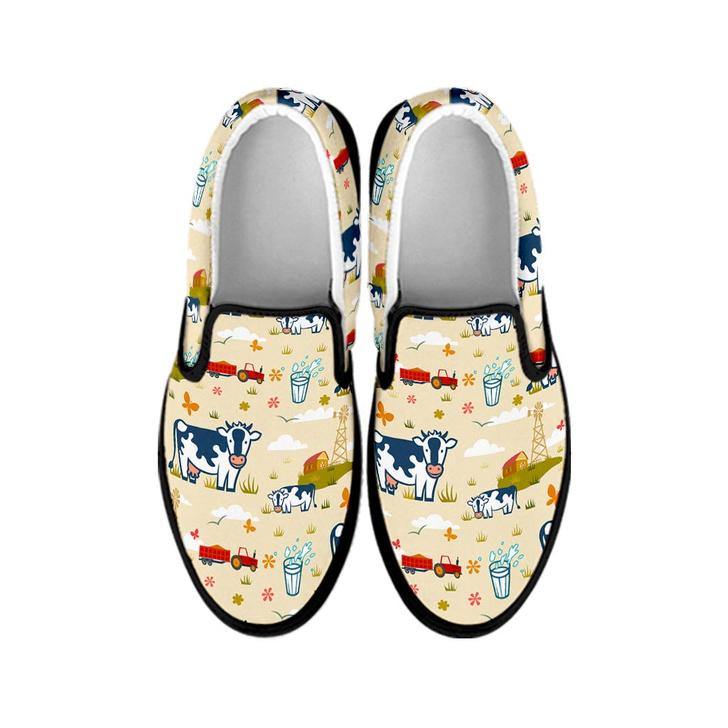 Cartoon Dairy Cow Farm Pattern Print Black Slip On Sneakers
