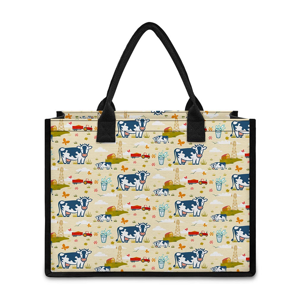 Cartoon Dairy Cow Farm Pattern Print Canvas Tote Bag