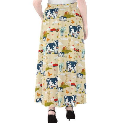 Cartoon Dairy Cow Farm Pattern Print Chiffon Maxi Skirt